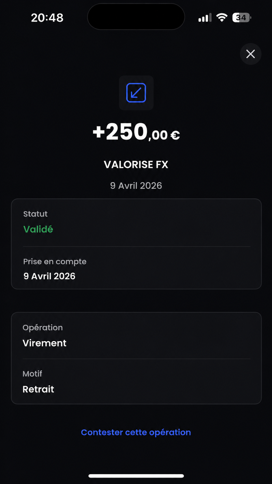 Capture mobile bancaire indiquant la réception des fonds